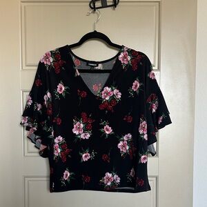 Express Black Floral Blouse with Pink and Red Accents